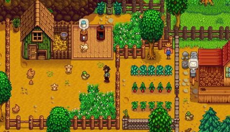 Stardew Valley House, Stardew Valley Farm Ideas, Feed Chickens, Farm Layouts, Stardew Farm, Stardew Valley Art, Stardew Valley Ideas, Stardew Valley Farm, Stardew Valley Layout