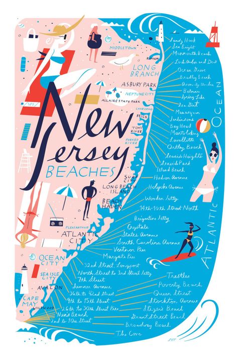 A chill and comprehensive illustration that breaks down every one of NJ’s picturesque beaches. | 24 Things For People Who Miss New Jersey New Jersey Beach, Jersey Beach, New Jersey Beaches, Nj Beaches, Seaside Heights, Jersey Girl, All Things New, Cape May, Illustrated Map