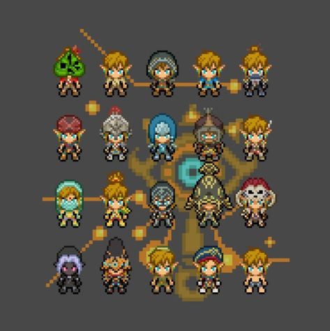 Legend of Zelda Breath of the Wild pixel art > the many outfits of Link | design by norinoko Zelda Korok Pixel Art, Legend Of Zelda Pixel Art, Zelda Pixel Art, Link Pixel Art, Zelda Pixel Art 8 Bit, Loz Cross Stitch, Legend Of Zelda Alpha Pattern, Zelda Botw Cross Stitch, Zelda Diy