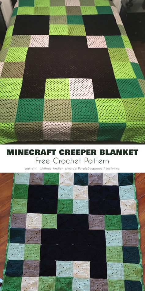 Minecraft Crochet Project Ideas and Free Patterns - Your Crochet Minecraft Crochet Blanket Free, Minecraft Blanket Pattern, Minecraft Quilts Easy, Creeper Crochet Blanket, Wwe Crochet Pattern, Crochet Creeper Blanket, Free Crochet Minecraft Patterns, Cool Crochet Blanket Ideas, Minecraft Granny Square Blanket