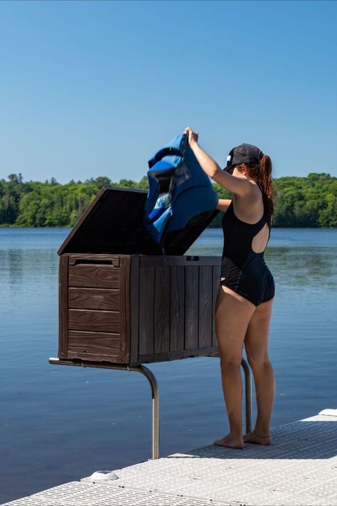 Store your water toys, accessories, and life jackets in this convenient Storage Box Holder. Made of stainless steel, it mounts to the outside of your dock so no valuable dock space is wasted! Life Jacket Storage, Jacket Storage, Dock Accessories, Life Jackets, Water Toys, Life Jacket, House Boat, Storage Boxes, Storage Box