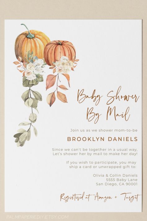 Baby Shower By Mail Ideas, Baby Shower Pumpkin Theme, Autumn Baby Shower Ideas, Pumpkin Baby Shower Invitations, Fall Baby Shower Ideas, Lil Pumpkin Baby Shower, Baby Shower By Mail, Online Baby Shower, Shower By Mail