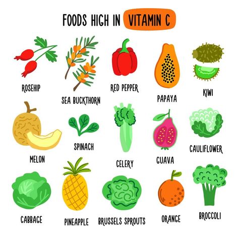 Flat vector illustration depicting foods high in vitamin C. Source of vitamin C. Healthy lifestyle and diet Healthy Food Products, Vitamin C Foods, Immune System Vitamins, Vitamin B9, Flat Vector Illustration, All Fruits, Help Losing Weight, Sea Buckthorn, Flat Vector