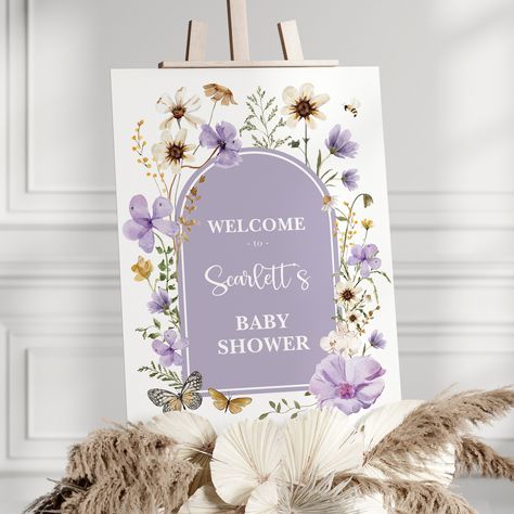 Editable Purple Wildflower Baby Shower Welcome Sign, Lavender Baby in Bloom Party Printable, Lilac Floral Baby Shower Decor Template, FLO32 Lilac Baby Shower Ideas, Bloom Party, Lavender Color Scheme, Lavender Baby Showers, Wildflower Baby Shower, Purple Wildflowers, Baby In Bloom, Shower Welcome Sign, Shower Themes