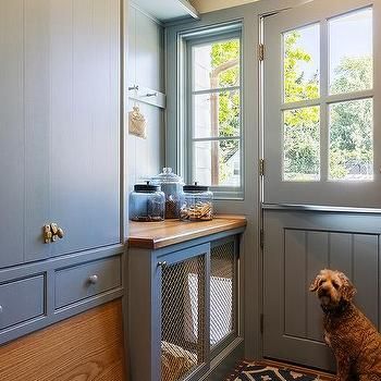 Navy Blue Island with Vintage Aged Brass Pulls - Transitional - Kitchen Mudroom With Dog Door, Dutch Door With Doggie Door, Dutch Door With Dog Door, Dutch Door Laundry Room, Built In Dog Crate, Dream Mudroom, Dog Door Ideas, Dog Cabinet, House Mudroom