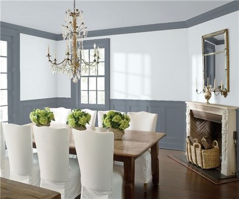 Look at the paint color combination I created with Benjamin Moore. Via @benjamin_moore. Wall: Gray Cloud 2126-60; Trim & Wainscot: Eclipse 2132-40; Ceiling: Silver Lining 2119-60. Benjamin Moore Cloudy Sky, Stone Hearth Benjamin Moore, Rustic Wainscoting, Wythe Blue, Painted Wainscoting, Stone Hearth, Wainscoting Bathroom, Wainscoting Styles, Bathroom Design Black