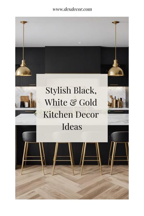 Stylish black, white, and gold kitchen with modern bar stools and pendant lighting. Mixing Gold And Black Hardware Kitchen, White Gold Kitchen Decor, Gold Kitchen Decor Ideas, Black And Gold Kitchen Ideas, White And Gold Kitchen Decor, Black White And Gold Kitchen, Black White And Gold Decor, Modern Glam Kitchen, Gold Kitchen Decor