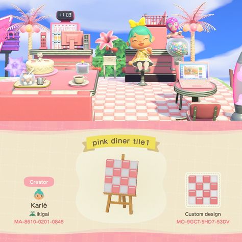 Karen on Twitter: "Posting the pink diner flooring here too, found it here on Twitter, credits to the owner 💖💖… " Pink Animal Crossing Island, Acnh Retro, Pink Diner, Animal Crossing Cafe, Acnh Beach, Ac Codes, Acnh Paths, Ac Ideas, Pink Island