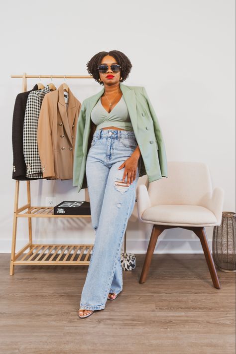 Sage Green Outfit Inspiration #fashioninfluencer #styleinfluencer #blackgirlinfluencer Sage Green Outfits For Women, Sage Green Blazer Outfit, Light Green Blazer Outfit, Sage Green Outfit Ideas, Sage Green Outfits, Sage Outfits, Sage Green Outfit, Green Trousers Outfit, Green Blazer Outfit