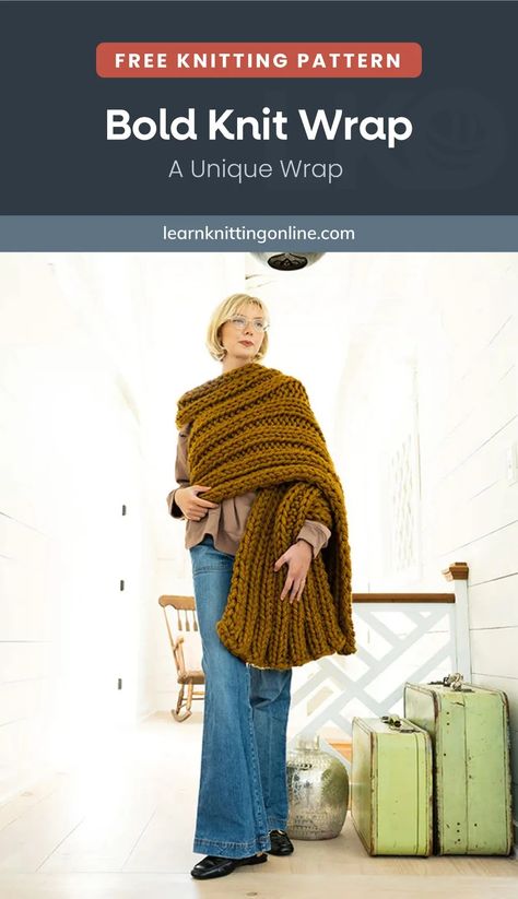 LKO_P_Bold-Knit-Wrap | Learn Knitting Online Spring Knitting, Learn Knitting, Knit Wrap Pattern, Winter Knitting Patterns, Fall Knitting Patterns, Summer Knitting Patterns, Easy Knitting Patterns Free, Winter Knitting, Cable Knitting Patterns