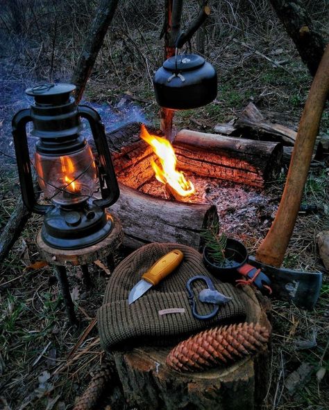 A camping mattress can also be deflated at the campground for easy packing and transport. You may even want to buy some used camping kitchen equipment  or at least trusted brand names. Open Fire, A Fire, Bushcraft, In The Woods, Fire Pit, Camping, Tools