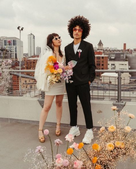 Retro Wedding Theme, Alternative Wedding Inspiration, Monochrome Weddings, City Elopement, Neon City, Wedding Couple Photos, Alternative Wedding Dresses, Unique Bride, That Dress