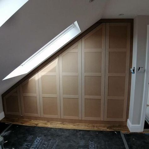 Panelled Walls Cupboard, Panelled Loft Bedroom, Diy Panelled Wardrobe, Built In Wardrobe Loft, Panelled Walls Sloped Ceiling, Mdf Built In Wardrobe, Panelled Wardrobe Doors, Attic Conversion Bedroom, Loft Conversion Wardrobes