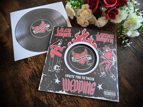 Personalised Halloween, Devil Tattoo, Rockabilly Album, Record Inspired Wedding Invite, Invitation, RSVP & Guest Information with envelopes. Vinyl Record Invitations, Wedding Ambiance, Rockabilly Wedding, Ska Punk, Devil Tattoo, 50s Rockabilly, Etsy Wedding, Vegas Wedding, Halloween Wedding