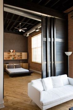 Ways To Divide A Room, Sliding Door Room Dividers, Bedroom Divider, Studio Apartment Design, Sliding Room Dividers, Living Room Divider, Rustic Loft, Hanging Room Dividers, Kitchen Studio