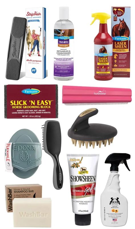 The best equestrian grooming supplies Horse Essentials, Horse Grooming Supplies, Horse Hacks, Horse Grooming Kit, Homesteading Animals, Stable Style, Jumping Horses, Equine Care, Spray Conditioner