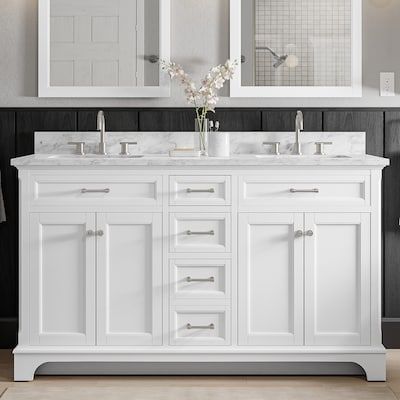 allen + roth Roveland 60-in White Undermount Double Sink Bathroom Vanity with Carrara Natural Marble Top in the Bathroom Vanities with Tops department at Lowes.com White Double Vanity Bathroom, 60 Inch Vanity Double Sink, Compact Laundry Room, Elegant Laundry Room, Grey Marble Bathroom, Light Grey Bathrooms, Black Bathroom Hardware, White Marble Bathrooms, Laundry Room Lighting