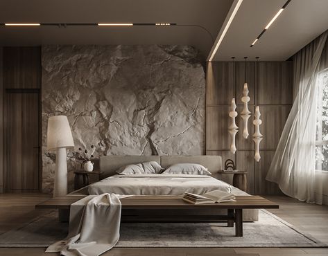 𝐕𝐈𝐋𝐋𝐀 𝐋𝐀𝐍𝐃𝐒𝐂𝐀𝐏𝐄 𝐃𝐄𝐒𝐈𝐆𝐍 on Behance Organic Luxury Interior Design, Luxury Tropical Bedroom, Stone Bedroom Ideas, Modern Villa Bedroom, Luxury Japandi, Small Luxury Bedroom, Behance Bedroom, Modern Hotel Room Design, Bedroom Behance