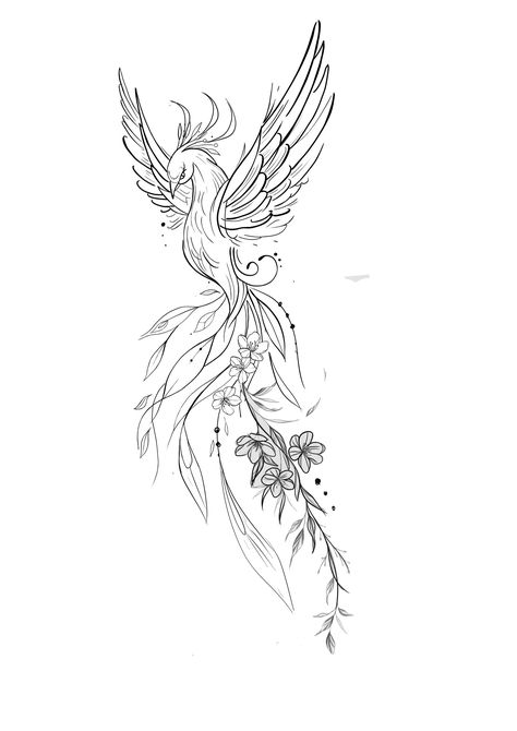 Pheonix Tattoo Floral, Phoenix With Flowers Tattoo Design, Phoenix Tattoo Hip For Women, Fine Line Tattoo Arm Sleeve, Fiery Phoenix Tattoo, Tattoo Ideas Phoenix Design, Phoenix Tattoo Line Art, Strength Tattoos For Women Inspiration, Phoenix Tattoo Hip