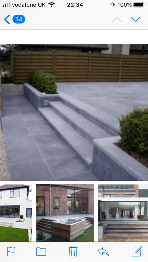 Garden Patio Steps, Steps From House To Patio, Raised Patio Ideas With Steps, Kitchen Steps, Outdoor Tile Patio, Patio Stairs, Outdoor Paving, Raised Patio, Patio Pavers Design