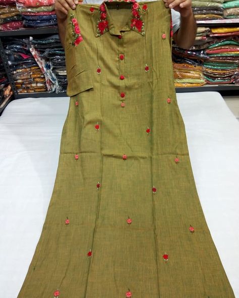 1195 plus shipping Ath  #Beautiful #soft #lenin cotton #kurti with heavy embroidery on collar and both sleeves.. Size 42 and 44  NO COD /… Embroidery On Collar, Simple Kurta, Elite Fashion, Saree Blouse Patterns, Cotton Kurti Designs, Designer Saree Blouse Patterns, Heavy Embroidery, Cotton Kurti, Designer Saree