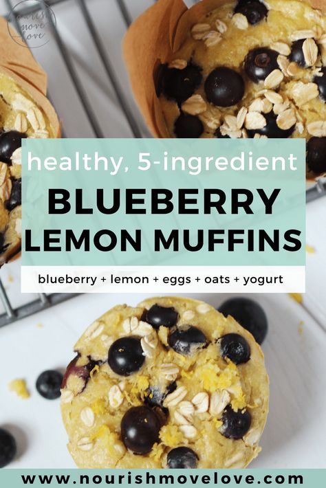 Clean Eating, Healthy Lemon Blueberry Muffins. Fresh lemon and juicy blueberries make these healthy, lemon blueberry muffins a sweet, yet wholesome 5-ingredient treat. Top them with creamy Greek yogurt for the perfect protein-packed pre-or-post-workout snack! www.nourishmovelove.com Healthy Lemon Blueberry Muffins, Healthy Lemon Blueberry, High Protein Muffins, Blueberry Protein Muffins, Greek Yogurt Muffins, Nourish Move Love, Yogurt Muffins, Lemon Blueberry Bread, Lemon Blueberry Muffins