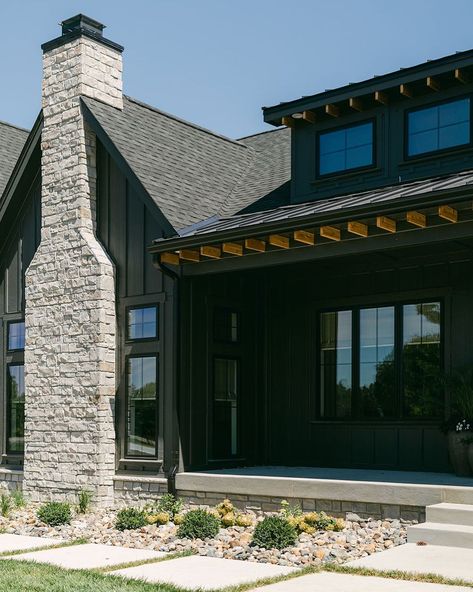 Black Birch Homes & Design on Instagram: “That stone chimney 🔥 . . 📸 @classicgrayhome” Stone Chimney Exterior Modern Farmhouse, Exterior Stone Fireplace Chimney, Concrete Chimney Exterior, Fireplace Exterior Chimney, Chimney On Front Of House, Black Chimney Exterior, Exterior Fireplace Chimney Ideas, Painted Chimney Exterior, Stone Chimney Exterior