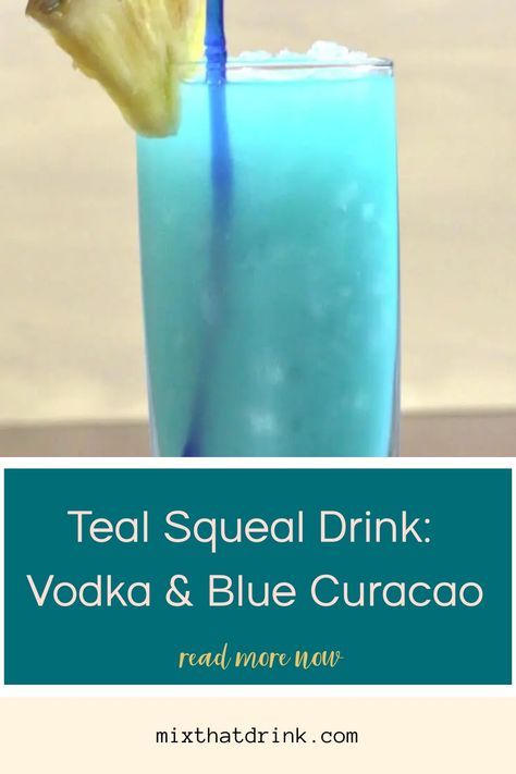 Get ready to savor the weekend with a Teal Squeal! This vibrant drink, featuring vodka and fruity blue curacao, is the perfect sip of relaxation. #TealSqueal #CocktailDelights Teal Drinks Cocktails, Vodka And Blue Curacao Drinks, Tiffany Blue Drinks, Blue Curacao Drinks, Vodka Blue, Blended Cocktail, Wedding Signature Drinks, Vodka Recipes, Fruity Cocktails