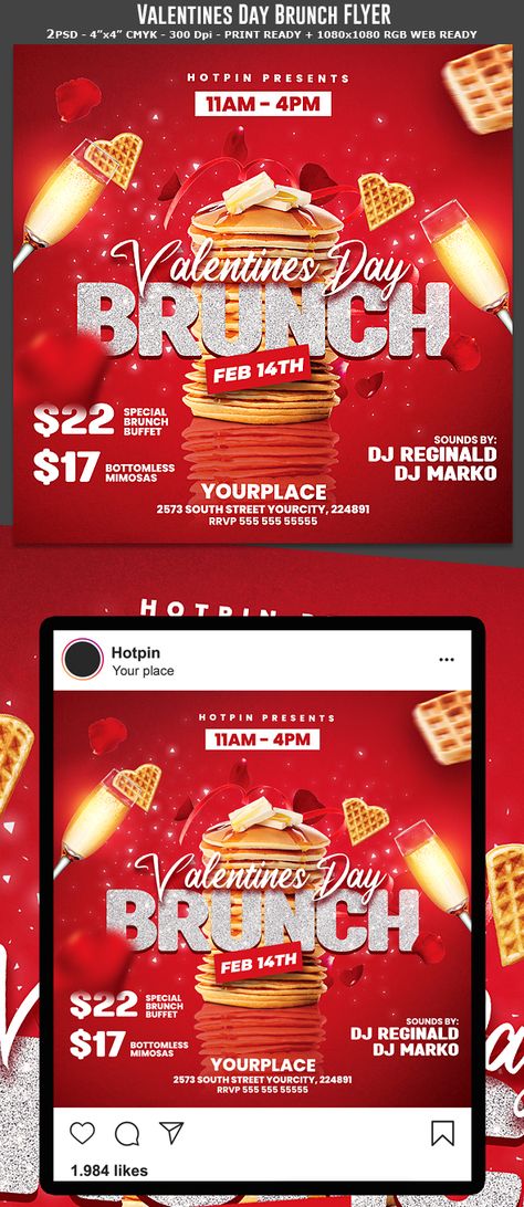 Valentines Day Brunch Flyer Template is a modern and attractive psd template design suitable for your Event or restaurant!All elements are in separate layers and can be moved or removed from the file also all text is easy to edit. 2 PSD files – 4”x4” CMYK including bleeds and guides + 1080×1080 Rgb Web Ready #clubflyer #design #instagram #flyer #invitation #party #nightclub #event #print #djflyer #socialmedia #partyflyer #flyerdesign #partyflyer #brunch #brunchflyer Valentines Brunch Invitation, Valentines Day Brunch, Brunch Flyer, Valentines Brunch, Instagram Flyer, Brunch Buffet, Invitation Party, Brunch Invitations, Club Flyers