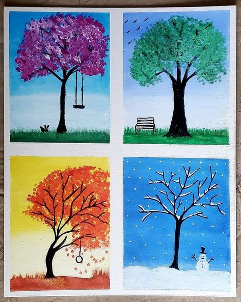 Reading Under A Tree Drawing, Tree Four Seasons Art, Four Seasons Drawing, 4 Seasons Art, Seasonal Paintings, Four Seasons Painting, Four Seasons Art, Spring Drawing, Hipster Drawings