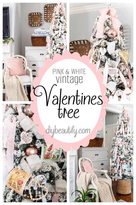 Vintage Valentines Tree, Valentine’s Tree, Valentines Day Tree Ideas, Valentine’s Day Tree Ideas, Valentine Ornaments Diy, Valentine Tree Ideas, Valentines Tree Decorations, Valentine Christmas Tree, Valentine Tree Decorations