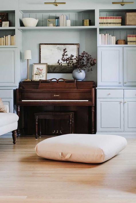 How to Create Piano Room Built-in Cabinets - House with Home Piano Built In Cabinet, Black Piano Decorating Ideas, Bookcase Around Piano, Shelving Around Piano, Piano Cabinet Design, Piano Built In Bookcase, Piano In Library Room, Bookshelf With Piano, Piano Room With Bookshelves