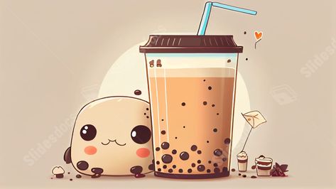 Milk Tea Wallpaper Cute, Cute Cartoon Background, Cartoon Powerpoint, Milk Cartoon, Cute Milk, Tea Wallpaper, Pearl Tea, Ppt Background, Slide Background