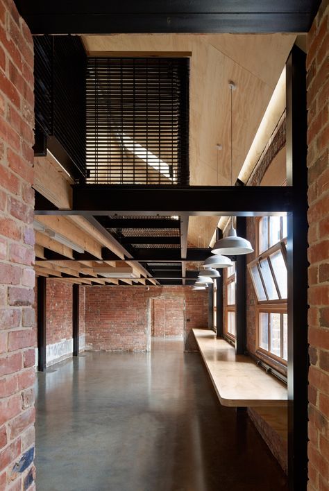 Birkenstock Australia / MDS Exposed Brick Office, Mezzanine Office Design, Brick Office, Brick Studio, Studio Office, Australia Melbourne, Timber Windows, Arch Interior, Adaptive Reuse