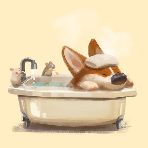 Bath Time, Lynn Chen on ArtStation at https://www.artstation.com/artwork/J2NlR Bath Drawing, Lynn Chen, Corgi Drawing, Corgi Art, 강아지 그림, Cute Animal Illustration, Dog Wash, Cute Corgi, Dog Illustration