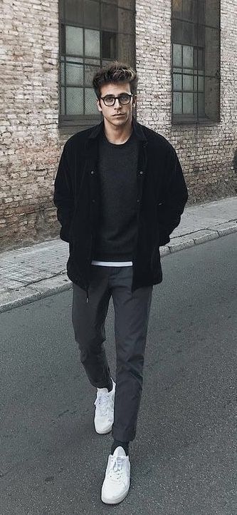 Monochrome Outfit Men, Mens Dressing Styles Casual, Black Chinos Men, Grey Chinos Men, Chinos Men Outfit, Gray Socks, Styling Outfits, Smart Casual Menswear, Man Dressing Style