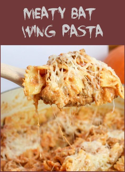 Meaty Bat Wing Pasta. The perfect combination of savory beef, pasta, and gooey cheese. My family always finds a bit of bat wing quality to farfalle pasta, and it makes the perfect bat wings for this pasta dish. #Halloween #Pasta #BatWing #Beef Easy Recipe Using Ground Beef, Meaty Pasta, Cheese Curd, Halloween Pasta, Recipes Using Ground Beef, Beef Tomato, Farfalle Pasta, Homemade Spaghetti, Beef Pasta