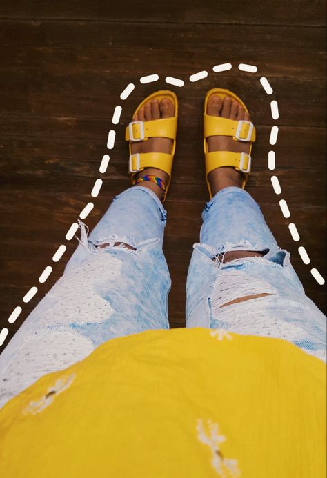 yellow, birkenstock, sandals, summer, tan, ripped jeans Yellow Birkenstock Outfit, Yellow Birkenstock, Birkenstock Sandals Outfit, Artsy Pics, Birkenstock Outfit, Shot Ideas, Shots Ideas, Summer Tan, Artsy Pictures