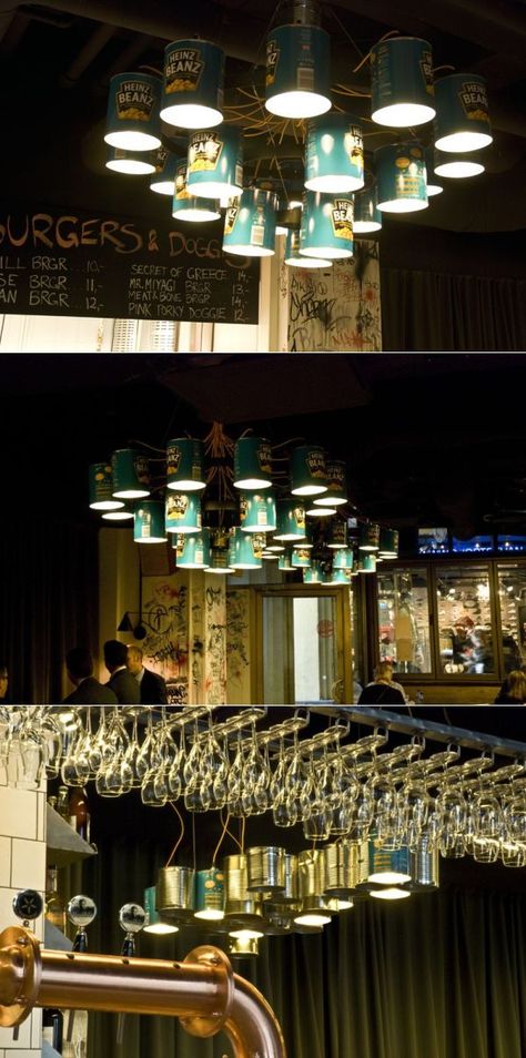 Willem Heeffer uses upcycled tin cans for crafting unique diner chandeliers  #recycle #reuse #upcycled #recycled #DIY Upcycle Soup Cans, Beer Can Chandelier, Recycled Large Tin Cans Storage, Up Cycle Chandelier, Recycled Plastic Chandelier, Cardboard Chair, Brass Monkey, Oil Drum, American Diner