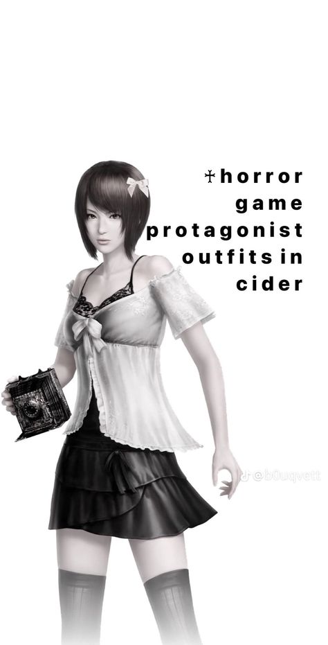 Indie Horror Game Outfits, Horror Girl Protagonist Outfit, Horror Game Outfit, Female Horror Game Protagonist Outfits, Horror Protagonist Outfit, Horror Game Protagonist Outfit, Protagonist Aesthetic, Game Protagonist, Fatal Frame