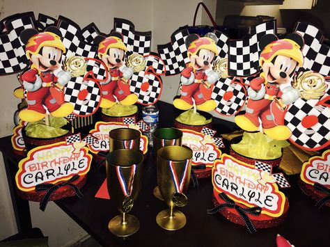 Mickey roadster centerpieces Mickey Roadster Racers Centerpieces, Mickey Mouse Roadster Racers Centerpieces, Mickey Mouse Roadster Racers Birthday, Birthday Party At The Park, Roadster Racers Birthday, Mickey Roadster Racers Party, Outside Birthday Parties, Mickey Roadster Racers Birthday, Mickey Roadster Racers