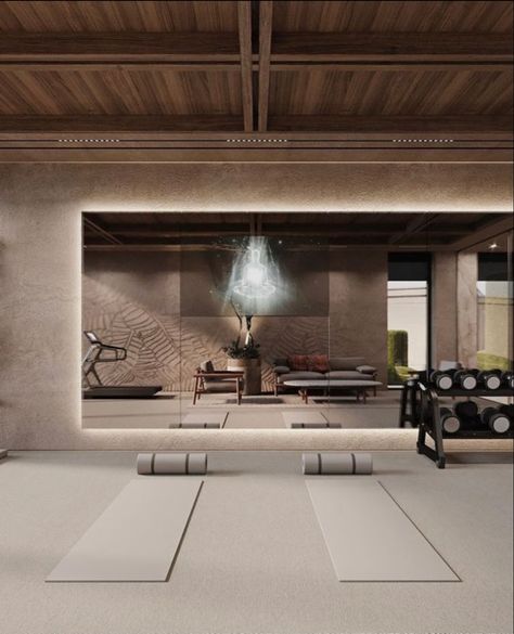 Modern Yoga Studio, Modern Home Gym, Yoga Room Design, Home Gym Basement, Boutique Gym, Gym Design Interior, Small Home Gym, Luxury Gym, Gym Mirrors