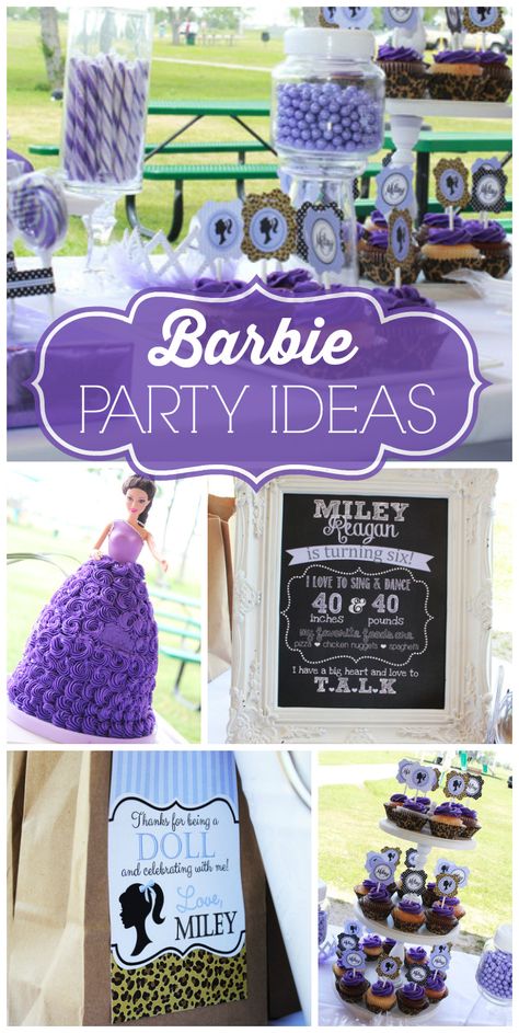 A gorgeous purple Barbie girl birthday party with a doll cake and a cupcake tower!  See more party ideas at CatchMyParty.com! Purple Barbie Birthday Party, Cake Ideas Purple, Purple Barbie, Barbie Bday, Barbie Inspiration, Cupcake Towers, Barbie Silhouette, Barbie Theme Party, Purple Cupcakes