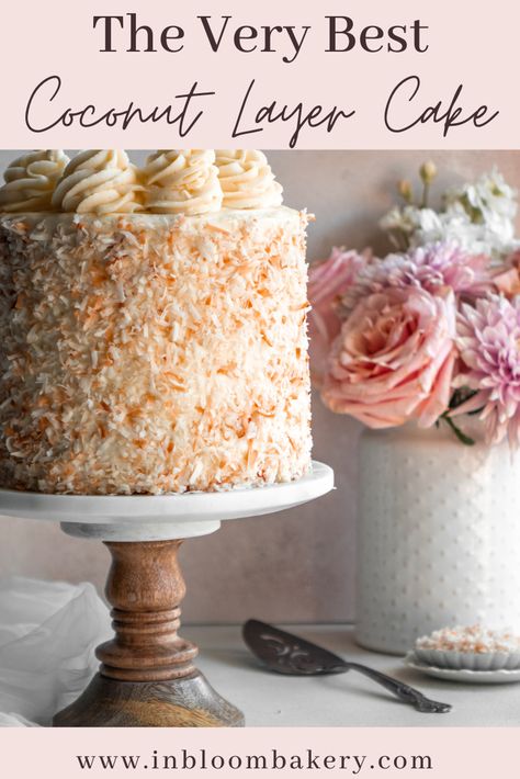 Fluffy and moist coconut cake, filled and frosted with coconut cream cheese frosting and topped with toasted coconut flakes. Lavender Cake Ideas, Moist Coconut Cake, Christmas Coconut Cake, Coconut Layer Cake, Toasted Coconut Cake, Tender Coconut Cake Design, Coconut Creme Cake, Double Layer Coconut Cake, Coconut Cake With Whipped Cream Frosting