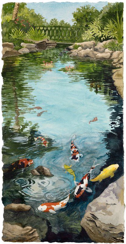 Koi Pond Watercolor, Fish Pond Wallpaper, Koi Fish Pond Drawing, Koi Pond Drawing, Fish Pond Drawing, Koi Fish Pond Painting, Fish Pond Painting, Koi Pond Painting, Ghibli Green