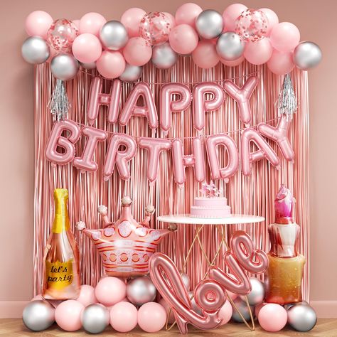 PRICES MAY VARY. 【What You Get】:You will receive 30 10-inch pink balloons, 20 10-inch silver balloons, 3 12-inch confetti balloons, a 16-inch Happy Birthday Banner, 1 crown balloon, 1 champagne bottle balloon, 1 lipstick balloon, 1 love foil balloon, 2 pieces of 3.2*6.5ft pink fringe curtains. It also includes a 16-foot chain, 100 adhesive dots, and a silver ribbon - plenty of balloons and foil options for your stylish party theme 【All-Inclusive Pink Birthday Decor with Rich Foil Accents】:The pi Crown Balloon, Pink Birthday Party Decorations, Pink Birthday Decorations, Pink Party Theme, Birthday Decorations For Women, 25th Bday, Silver Balloons, Fringe Curtains, Happy Birthday Balloon Banner