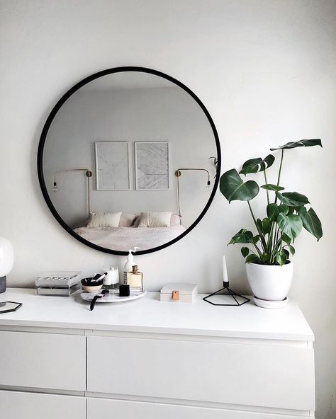 round mirror Circular Mirror Bedroom, Vanity With Circle Mirror Aesthetic, Minimalist Bedroom Circle Mirror, Round Bedroom Mirror, White Minimalist Bedroom Mirror, Interior Design Tools, Black Cirlce Mirror, Minimalist Apartment, Bedroom Mirror