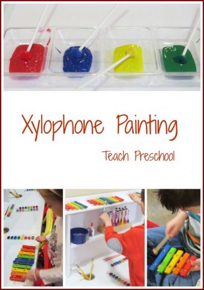 Xylophone painting! Make a DIY xylophone mallet to enjoy this painting process! Music Theme Preschool, Preschool Music Theme, Kids Xylophone, Preschool Music Activities, Music Activities For Kids, Music Study, Teach Preschool, Music Curriculum, Preschool Music