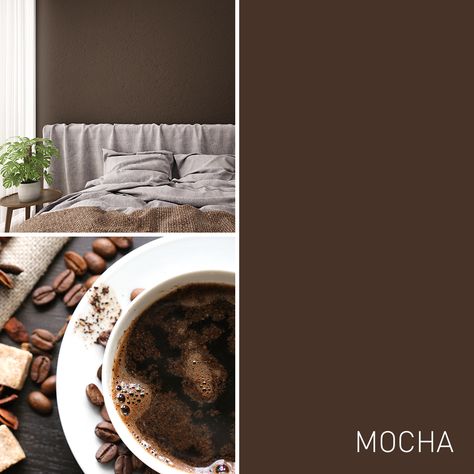 Mocha is a classic neutral color that is perfect for any space. The lighter shade of brown makes a room feel warm and cozy without being too heavy. Mocha ranges from light- to medium-brown and pairs well with a wide range of colors. It’s a remarkably versatile color that suits just about any room in your home. Mocha Brown Color Palette, Mocha Paint Colors, Mocha Kitchen, Warm Bedroom Colors, Dusk Summer, Room Colours, Shingle Colors, Warm Bedroom, Color Board