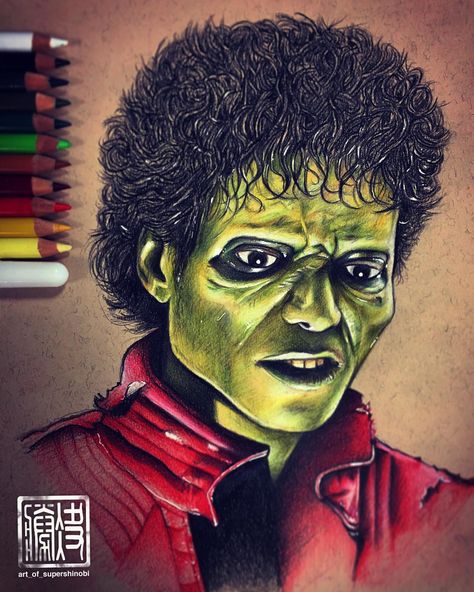 “Michael Jackson zombie from Thriller!! Prismacolor pencils on earthbound recycled paper  . This piece took me around 5 hours.” Michael Jackson Zombie, Traditional Tattoo Black And Grey, Makeup Zombie, Michael Jackson Dance, Mike Jackson, Celebrity Artwork, Caricature Sketch, Michael Jackson Art, Michael Jackson Thriller